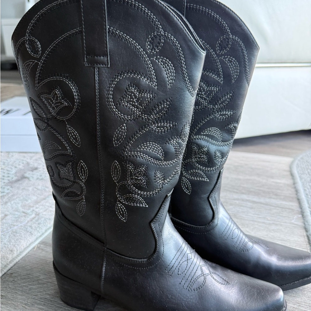 Black Embroidered Cowboy Boots